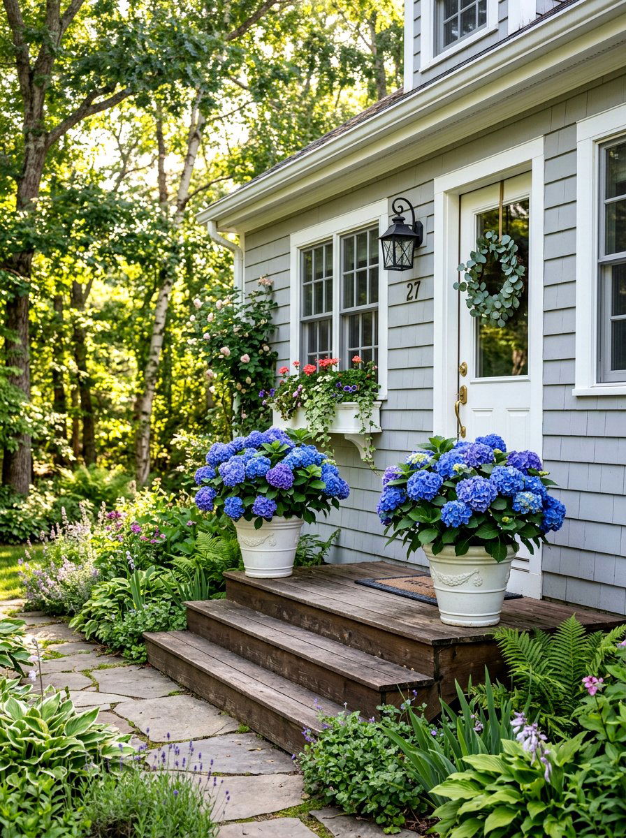Potted Hydrangea Entrance - 30 cottage stoop ideas