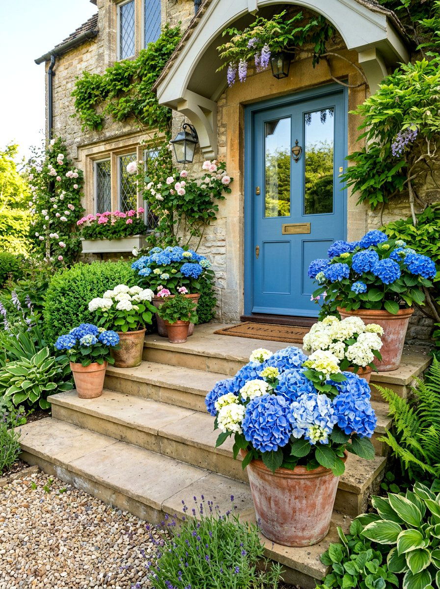 Potted Hydrangea Front Steps - 30 hydrangea border curb appeal ideas