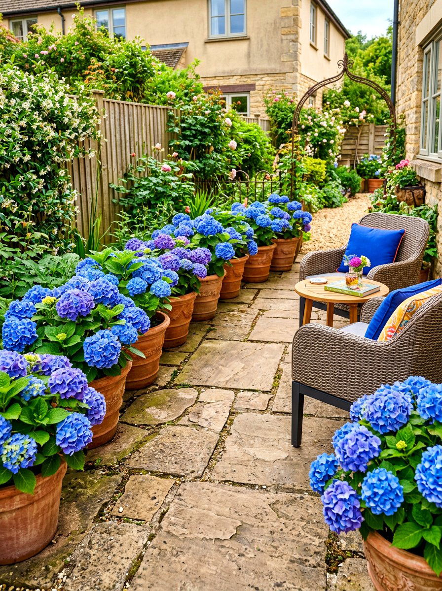 Potted Hydrangea Patio Edging - 30 hydrangea garden border ideas