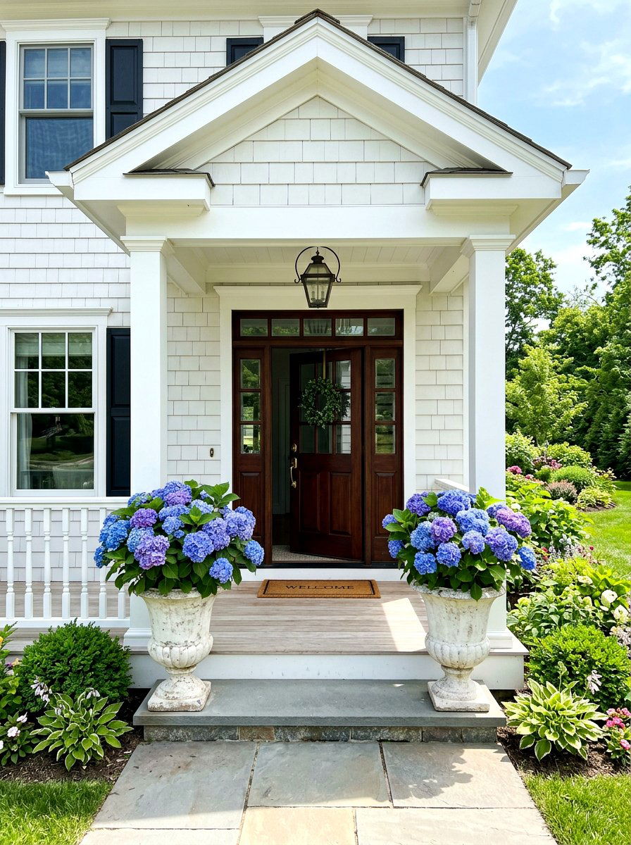 Potted Hydrangea Porch Decor - 30 coastal prep porch ideas