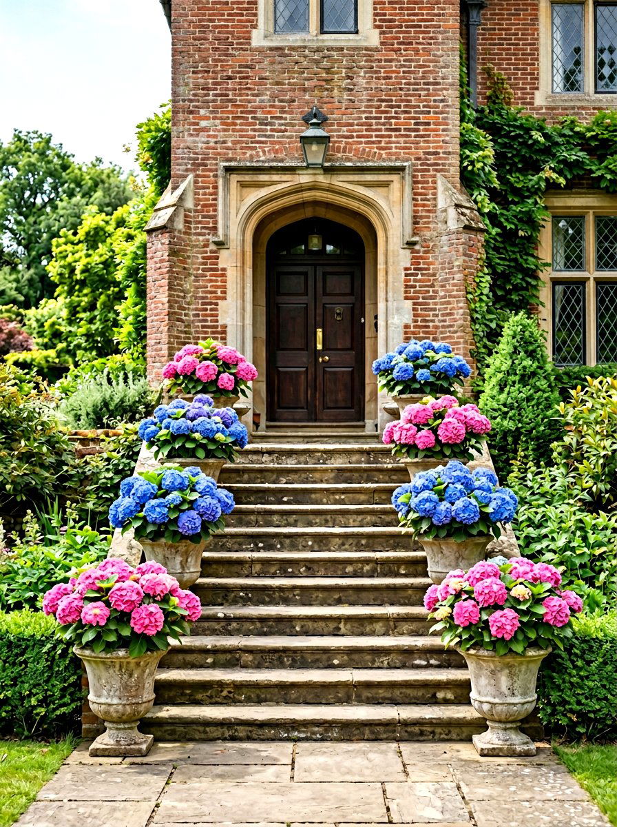 Potted Hydrangea Staircase Arrangement - 30 front porch hydrangea ideas