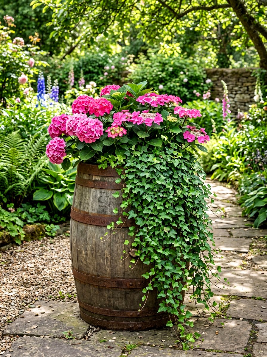 Potted Hydrangea With English Ivy - 30 hydrangea porch planter ideas