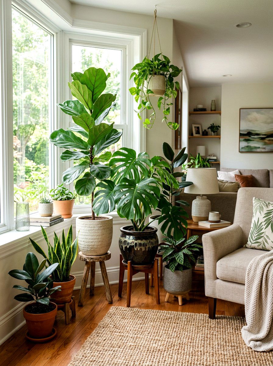 Potted Indoor Floor Plants - 30 renter friendly living room ideas
