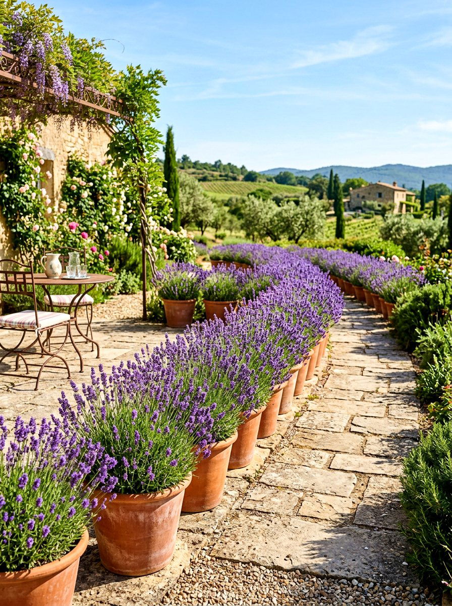 Potted Lavender Border - 30 Mediterranean backyard lounge ideas