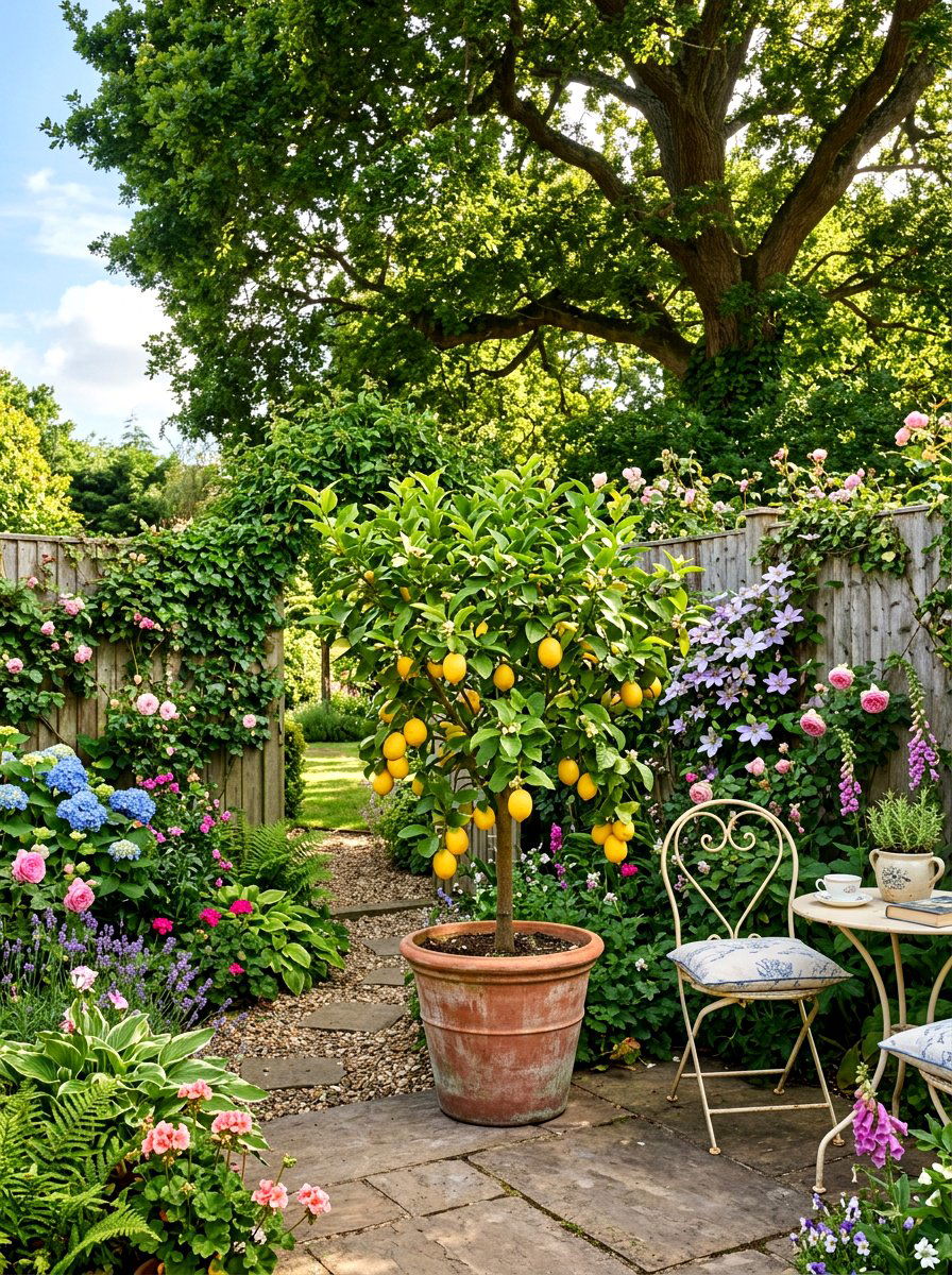 Potted Lemon Tree Corner - 30 potted citrus backyard ideas