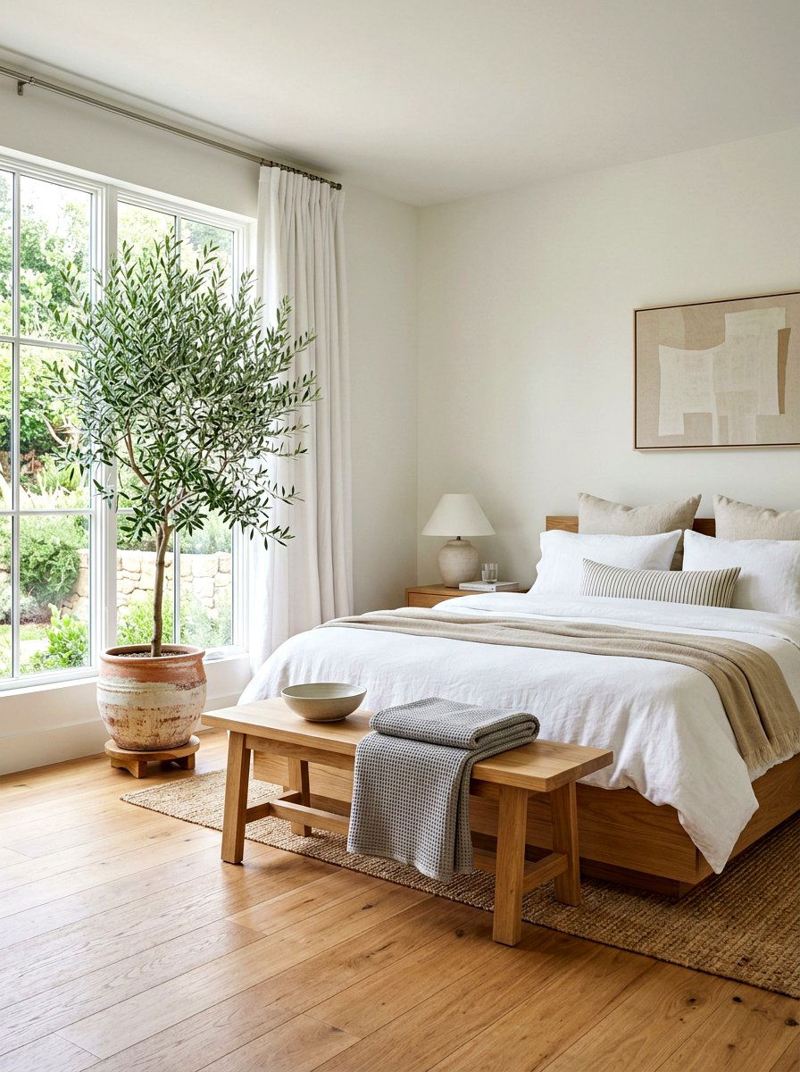Potted Olive Tree Bedroom - 30 earthy minimalist bedroom ideas