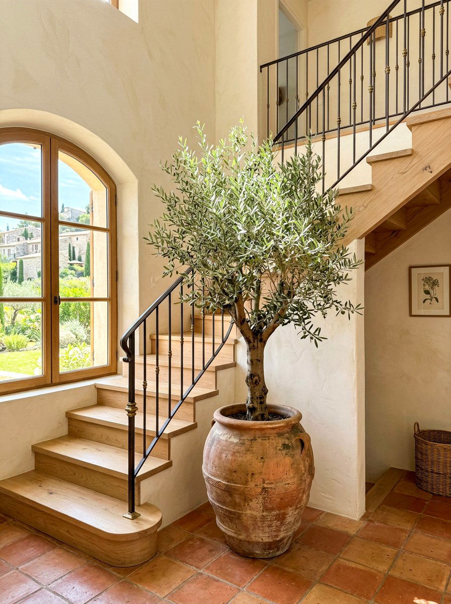 Potted Olive Tree Corner - 30 staircase plant corner ideas