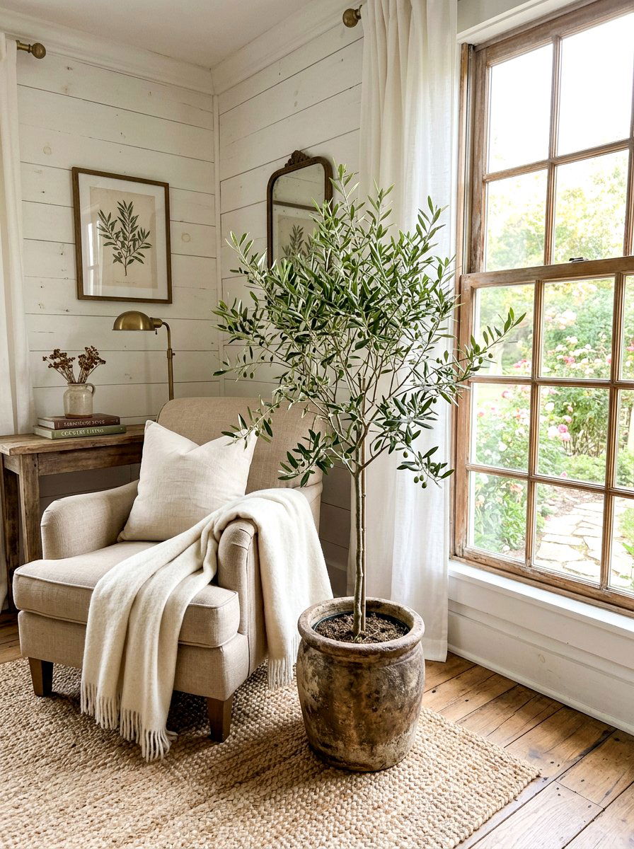 Potted Olive Tree Decor - 30 corner plant living room ideas