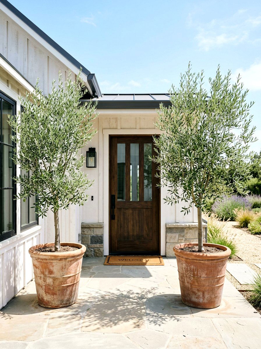 Potted Olive Trees - 30 farmhouse front yard ideas