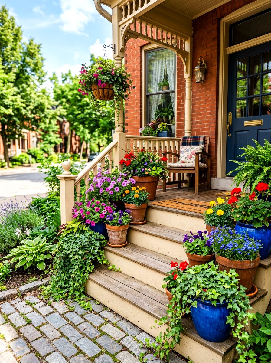 Potted Plant Staircase - 30 front steps makeover ideas