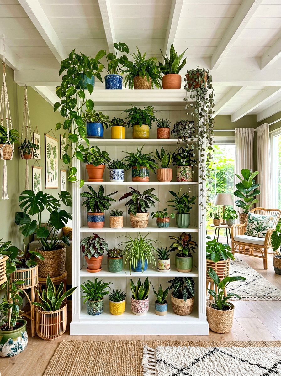 Potted Plants On Shelves - 30 bookcase decor ideas
