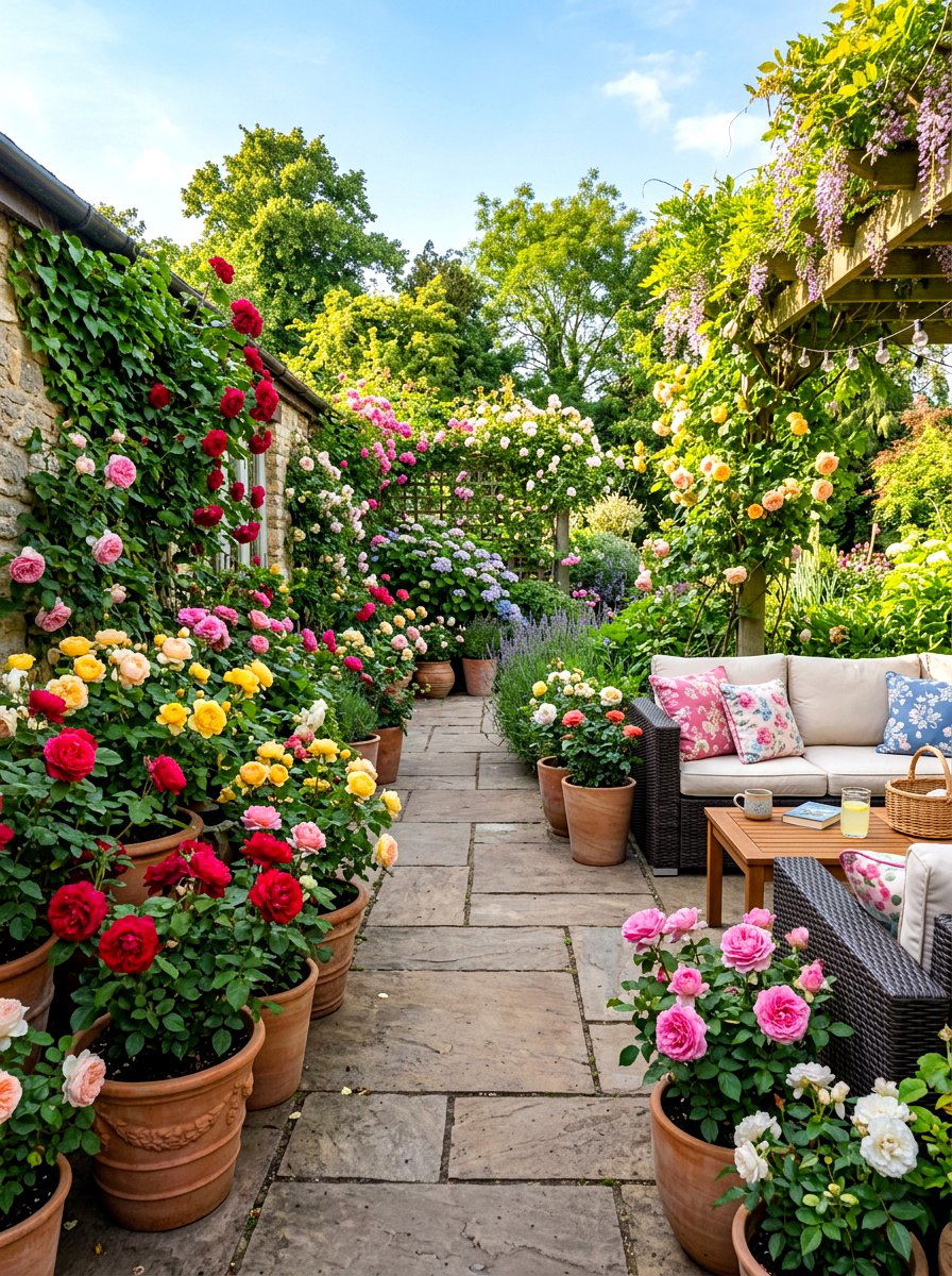 Potted Rose Patio - 30 backyard rose garden ideas
