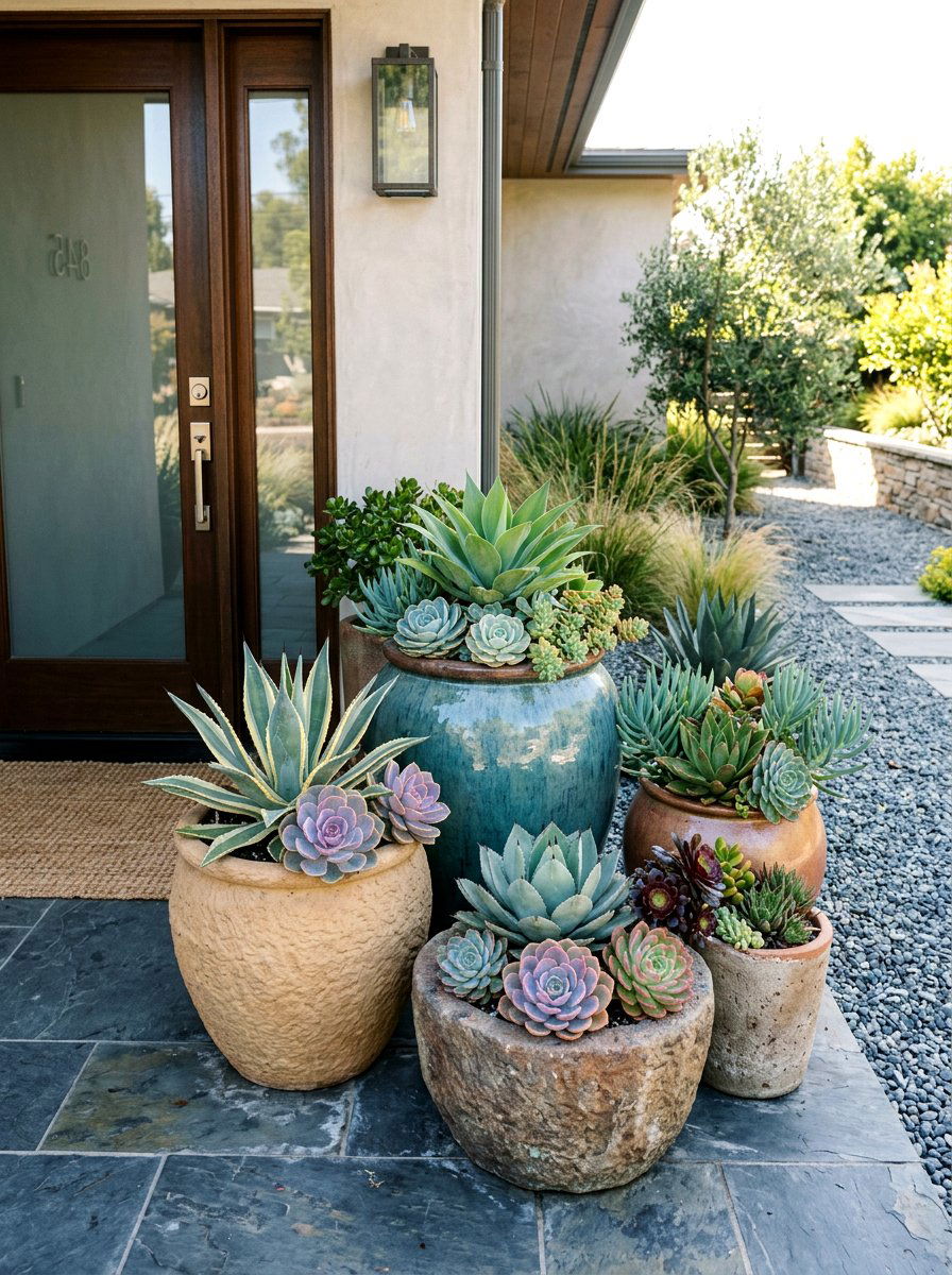 Potted Succulent Arrangement - 30 xeriscape front yard ideas