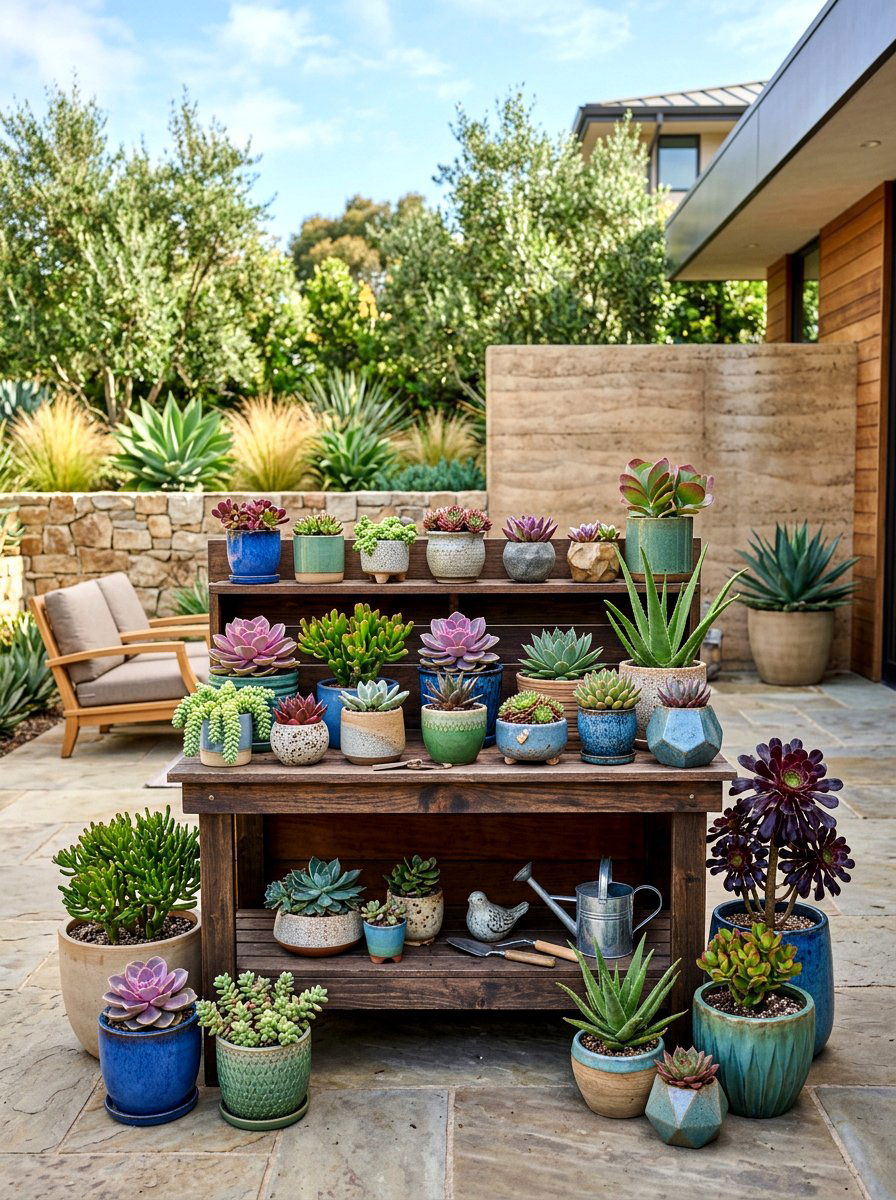 Potted Succulent Display - 30 xeriscape backyard ideas