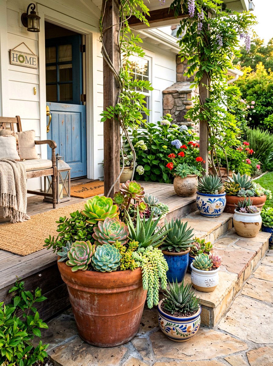 Potted Succulent Display - 30 drought tolerant front yard ideas