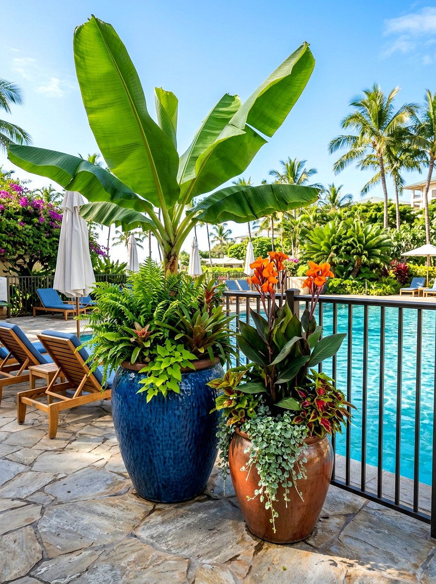 Potted Tropical Plant Arrangement - 30 pool fence landscaping ideas