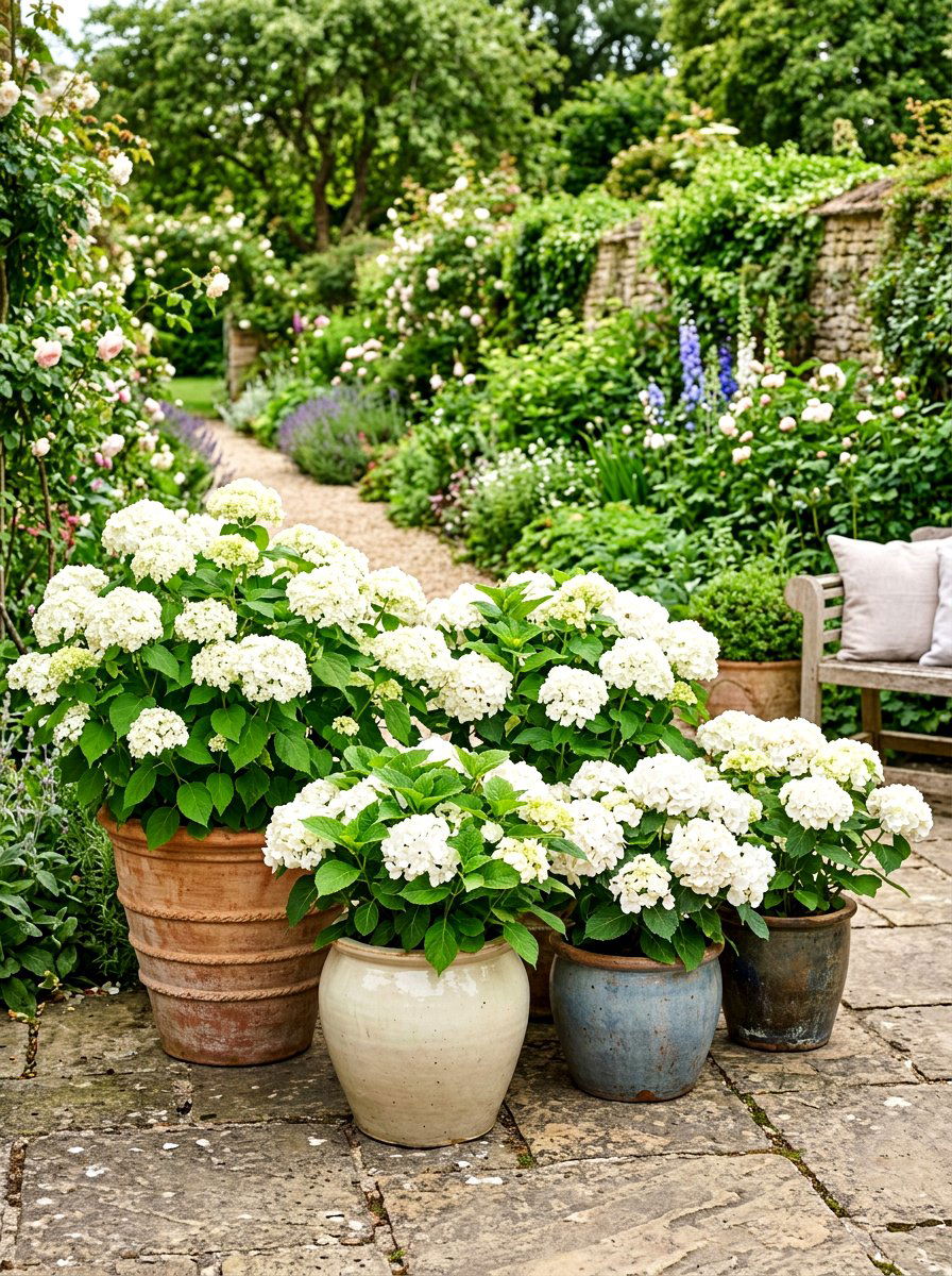 Potted White Hydrangeas - 30 Nancy Meyers patio ideas