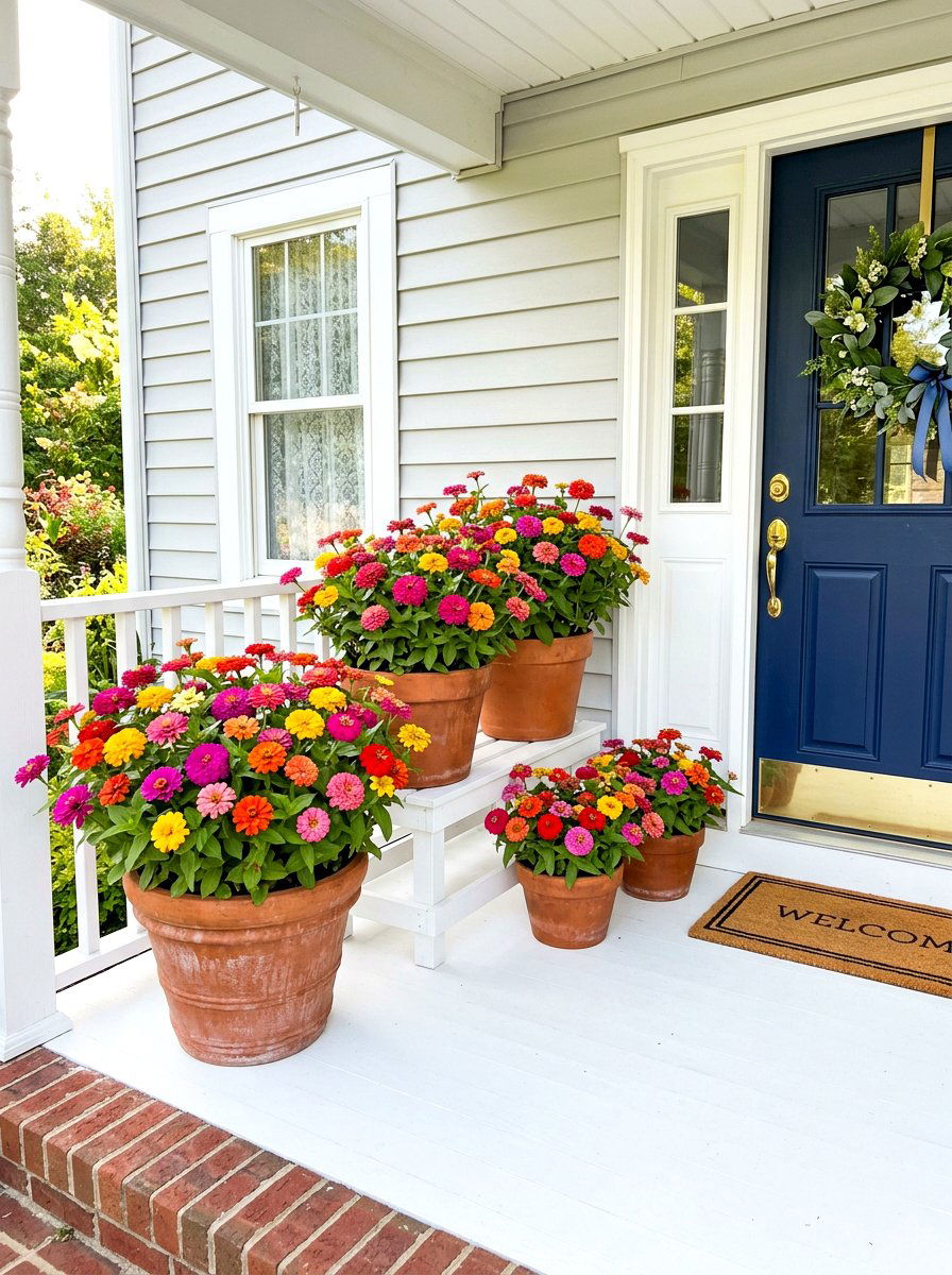 Potted Zinnia Porch Display - 30 zinnia border ideas