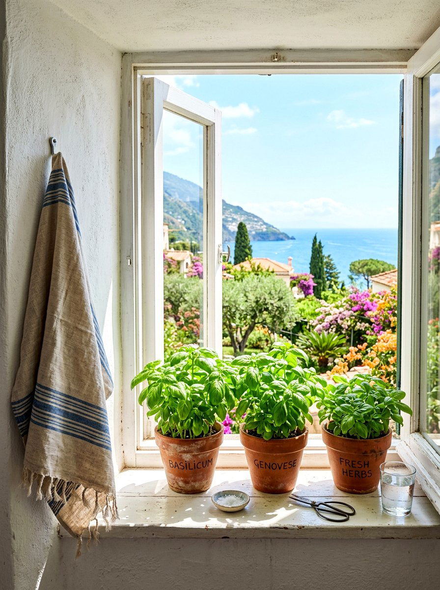 Potted basil on windowsill - 30 tomato girl kitchen ideas