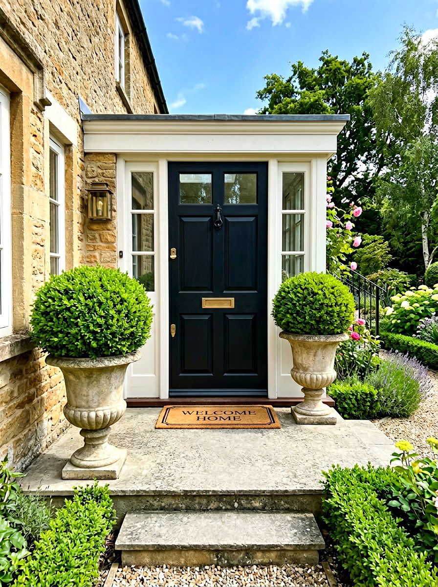 Potted boxwood entrance - 30 boxwood front yard ideas