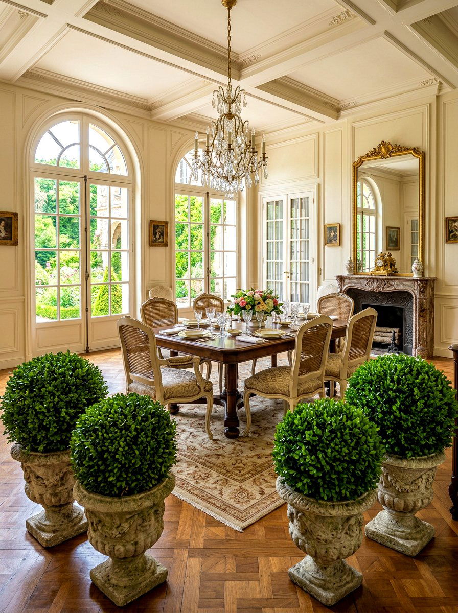 Potted boxwood plants - 30 Paris cafe dining room ideas