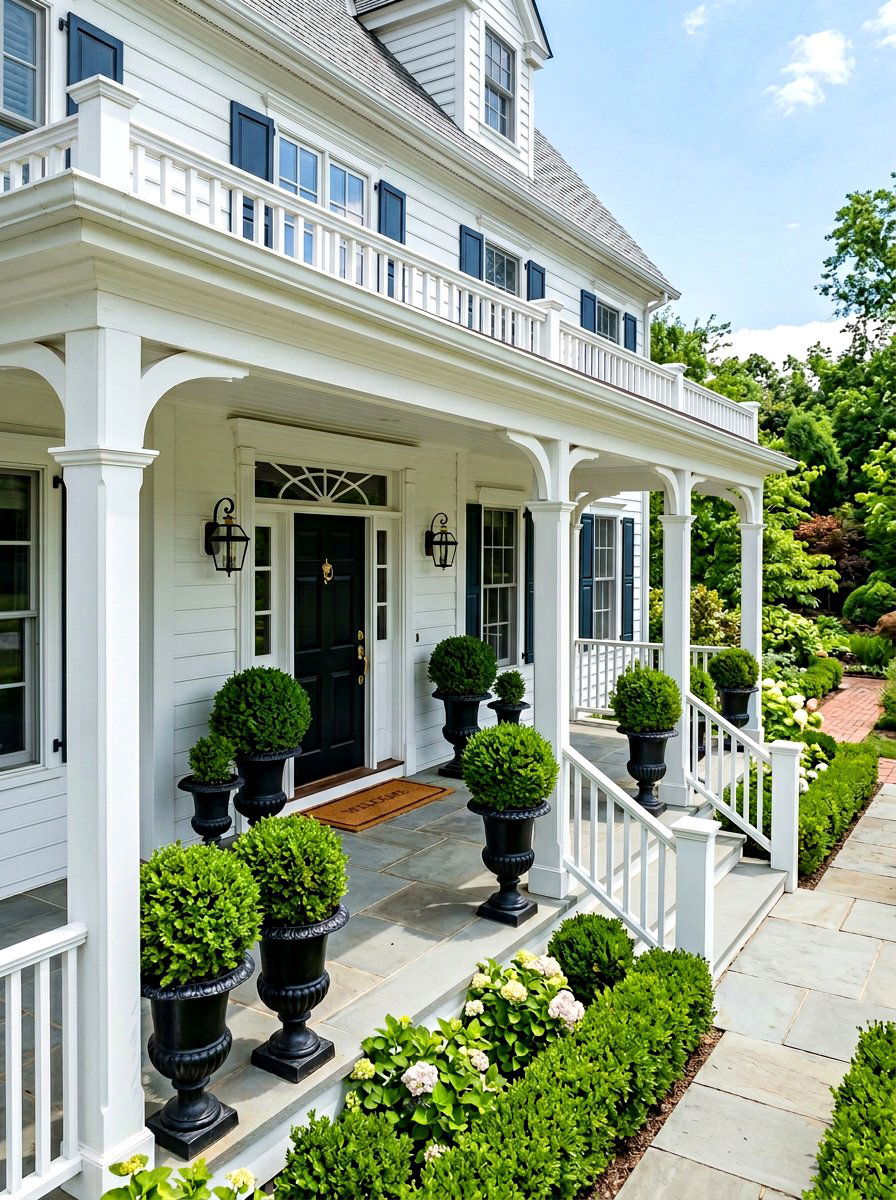 Potted boxwoods - 30 colonial front yard ideas
