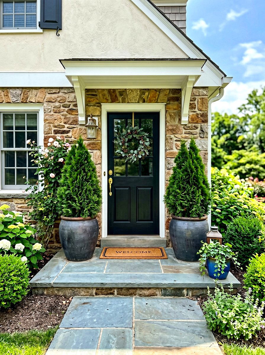 Potted evergreen porch - 30 evergreen front yard ideas