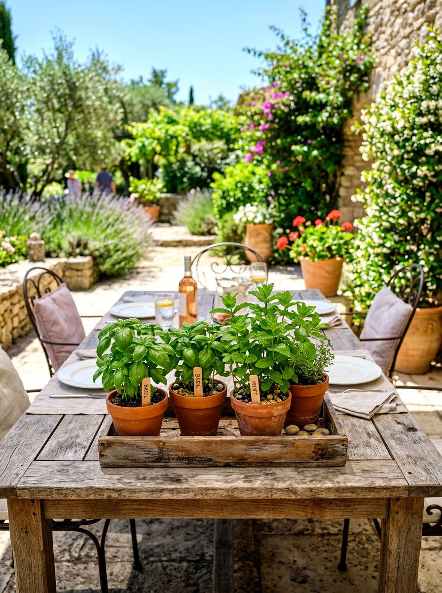 Potted herb garden centerpiece - 30 apartment patio entertaining ideas