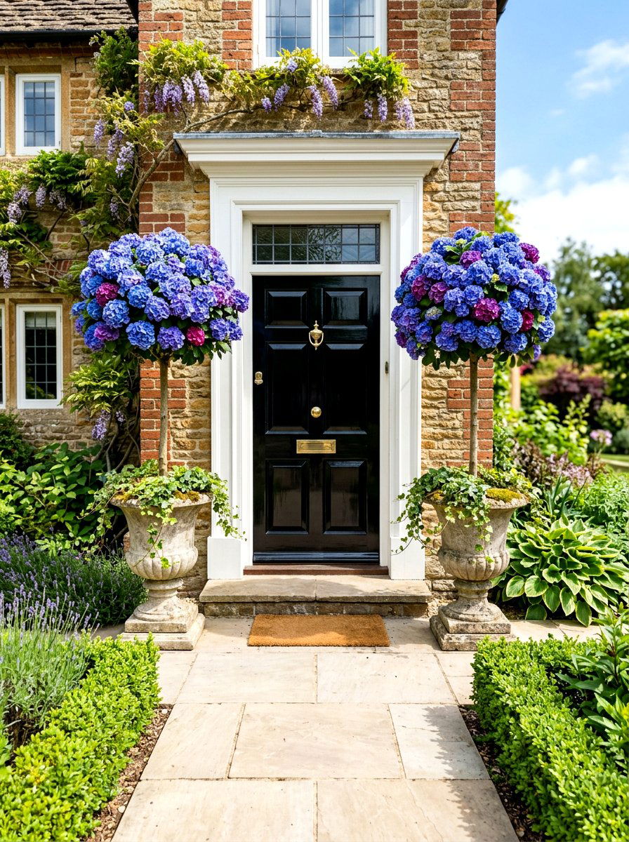 Potted hydrangea topiary front door - 30 hydrangea heavy front porch ideas