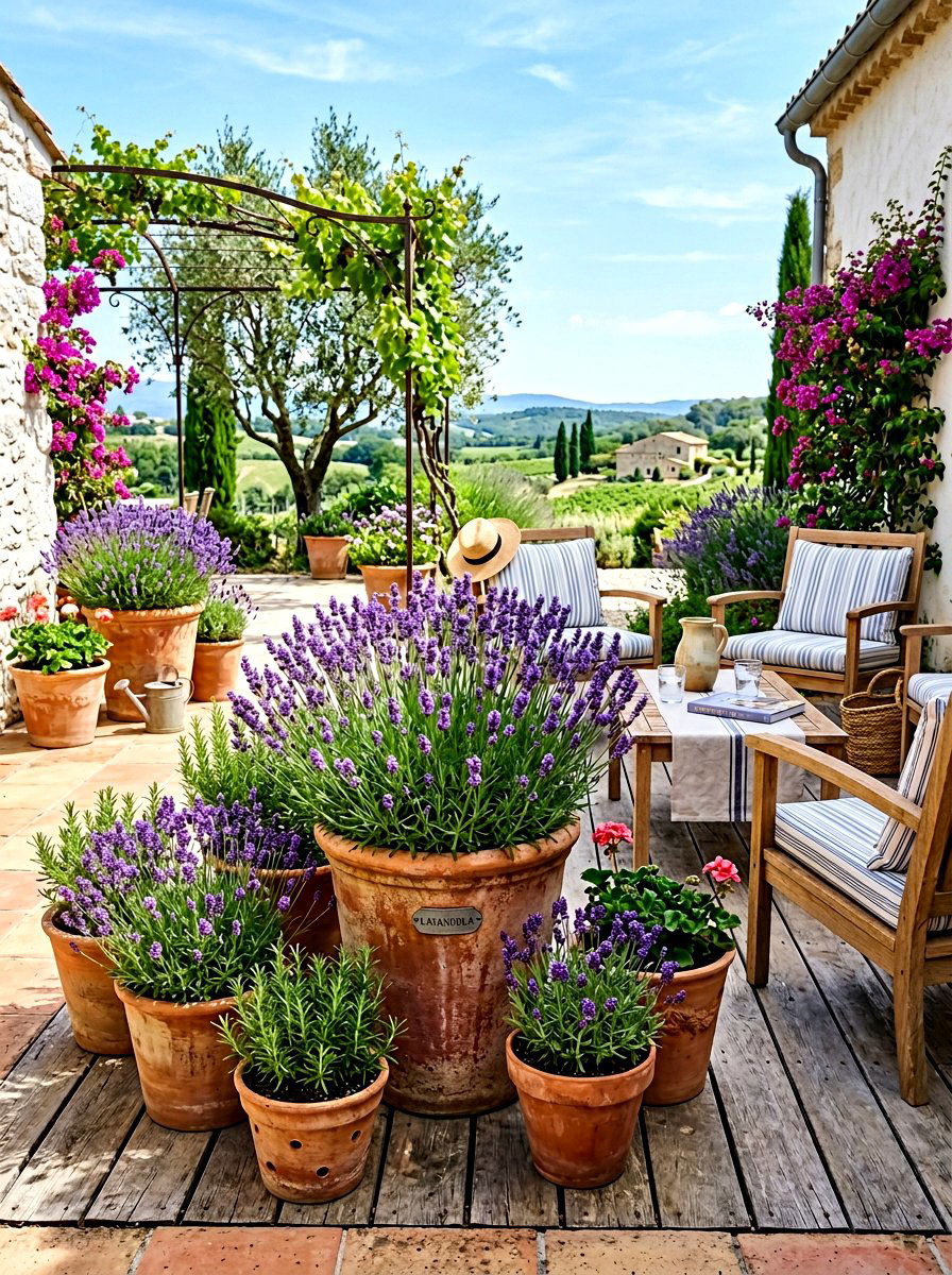 Potted lavender on sunny patio - 30 lavender garden ideas