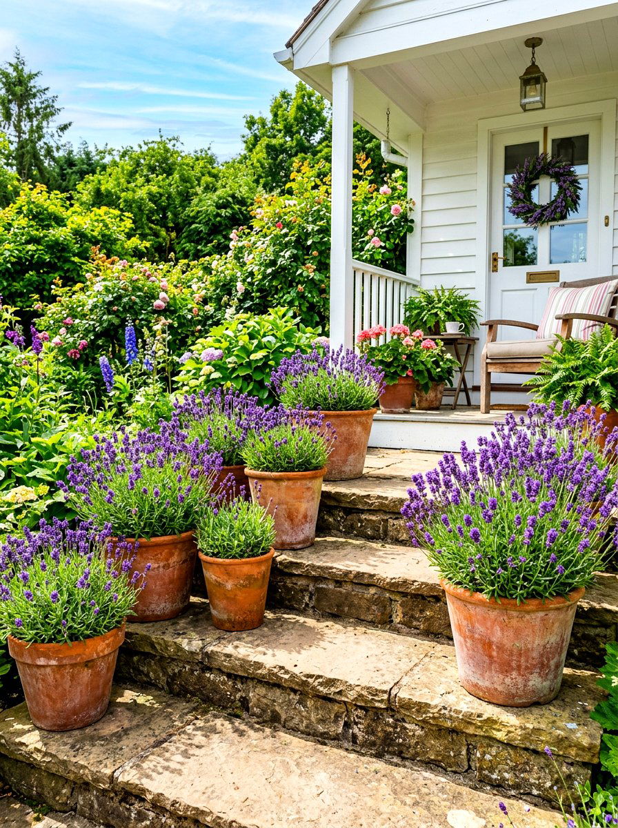 Potted lavender porch plants - 30 Nancy Meyers front porch ideas
