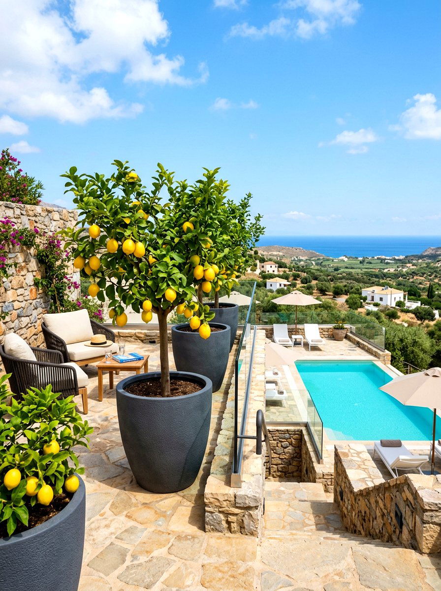 Potted lemon tree terrace - 30 orchard backyard aesthetic ideas