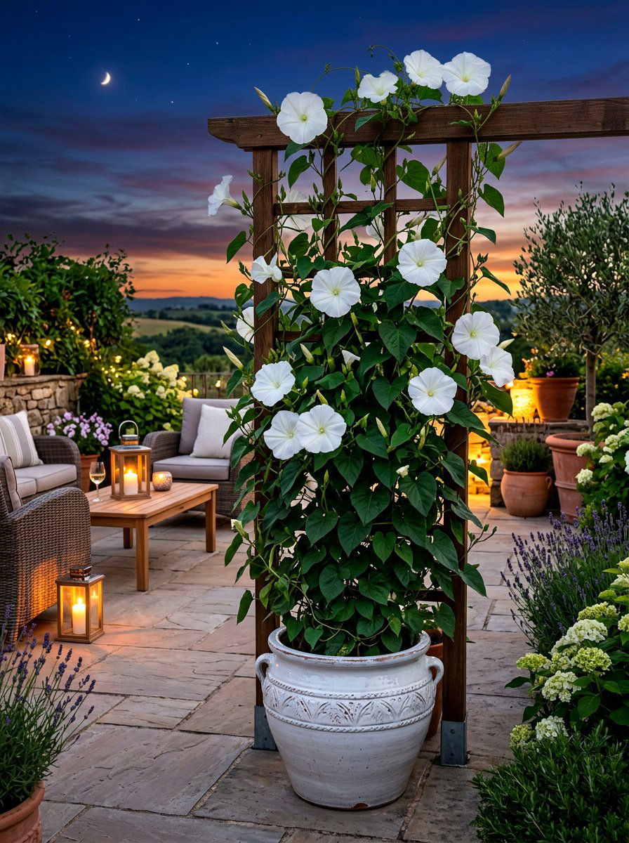 Potted moonflower vine - 30 moonlight backyard ideas