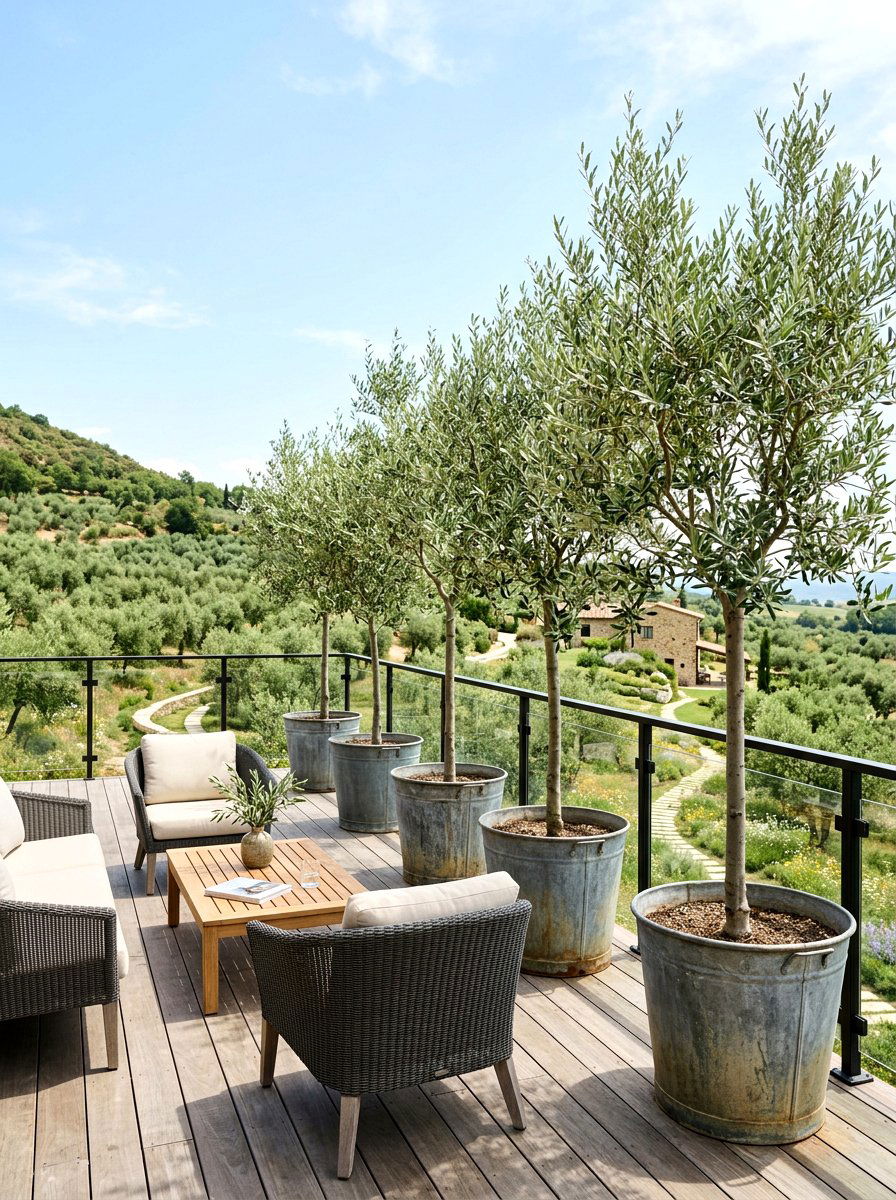 Potted olive trees on deck - 30 olive grove backyard ideas