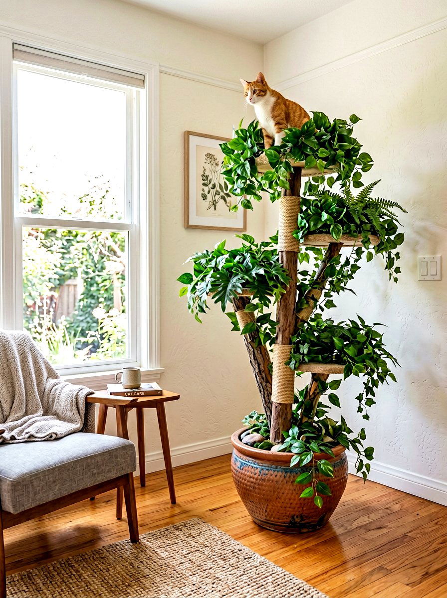 Potted plant cat climber - 30 pet room ideas