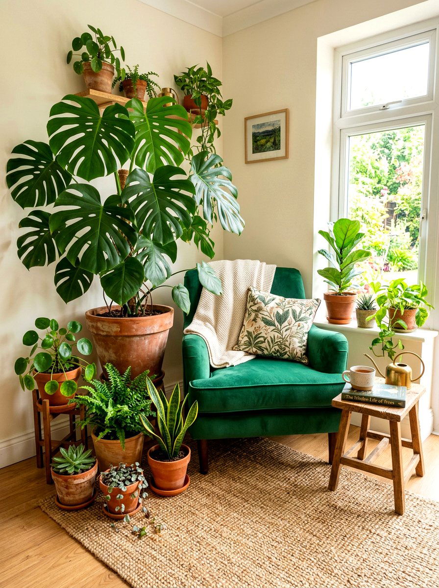 Potted plant corner seating - 30 bedroom reading corner ideas