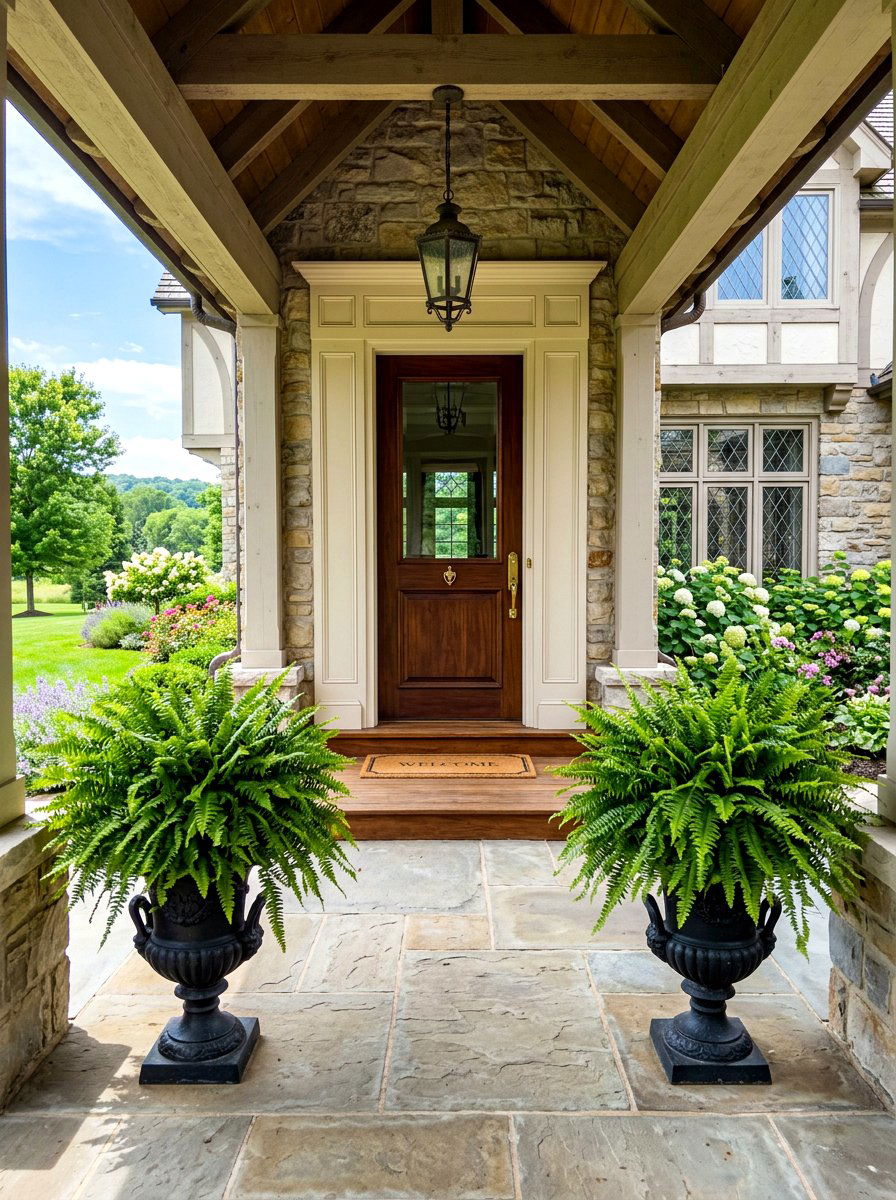 Potted porch ferns - 30 country porch decor ideas