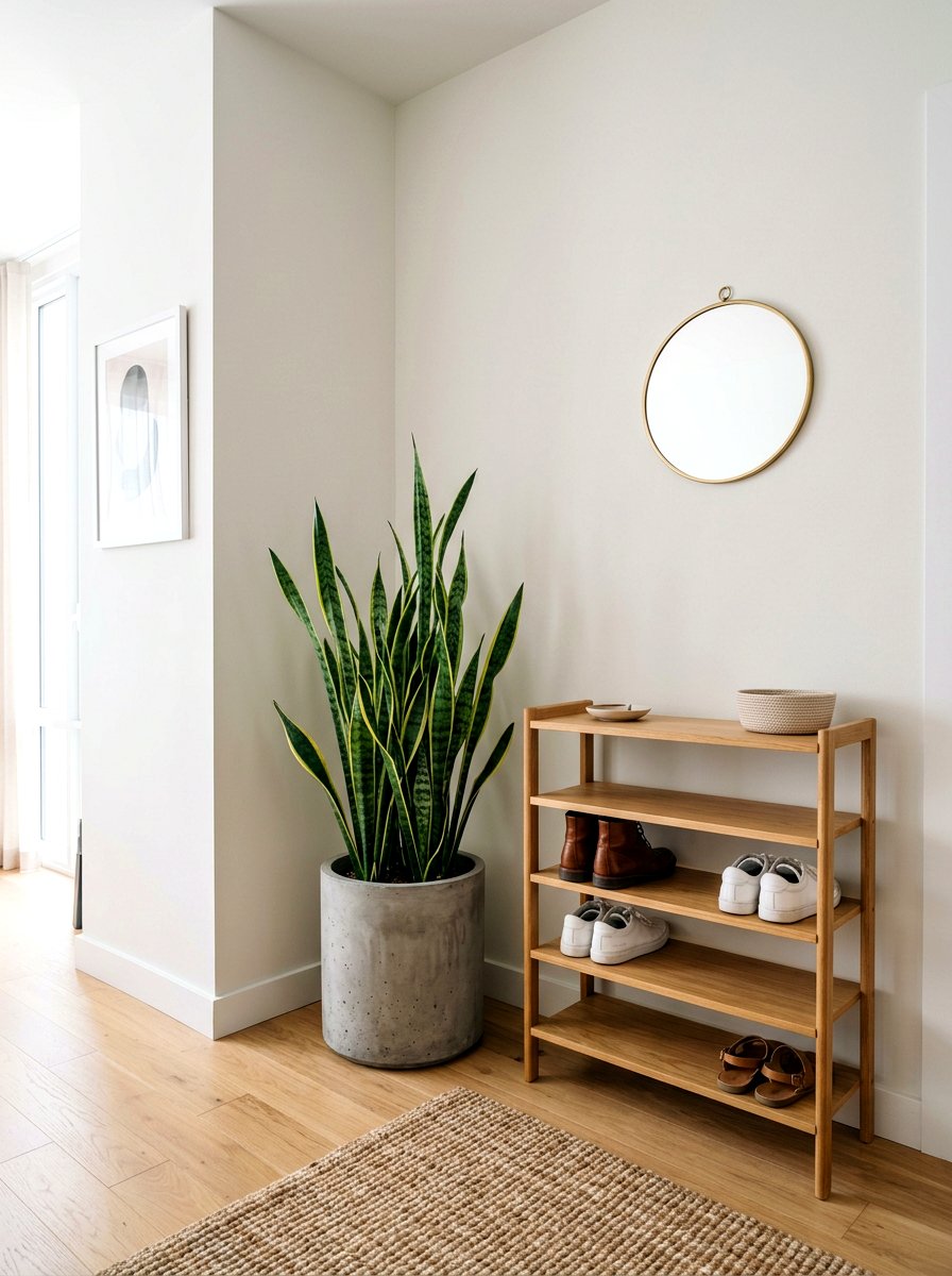Potted snake plant corner - 30 earthy entryway ideas