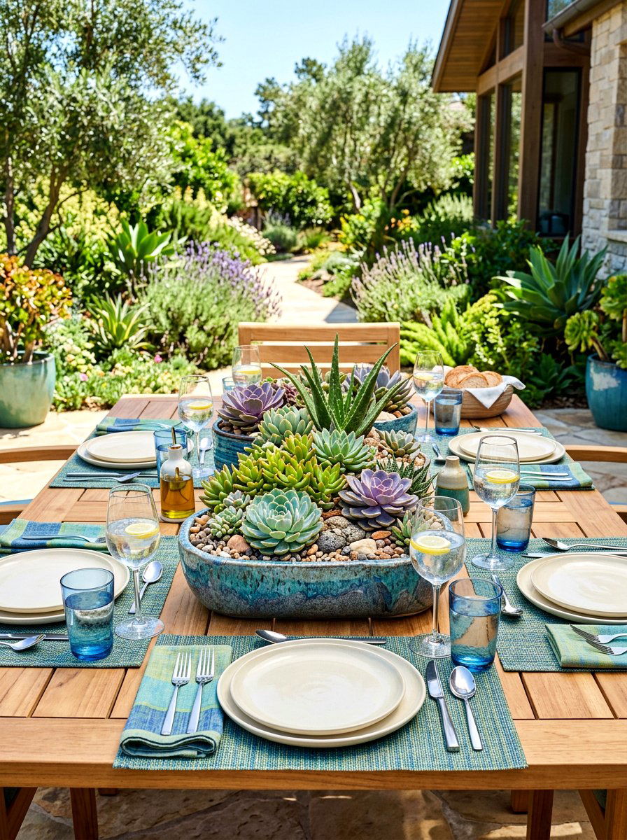 Potted succulent centerpiece dining table - 30 garden salad tablescape ideas