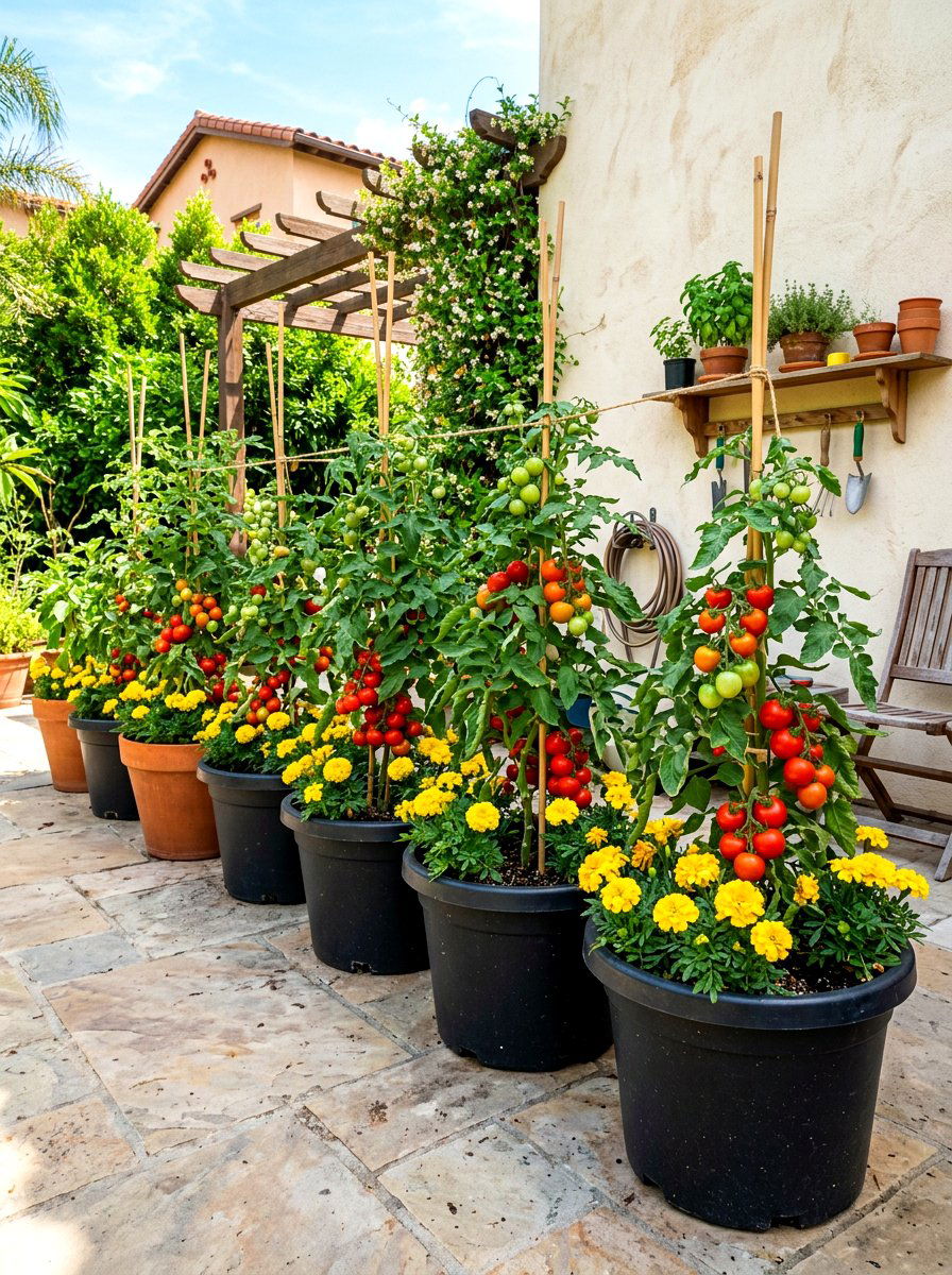 Potted tomato garden - 30 patio vegetable garden ideas