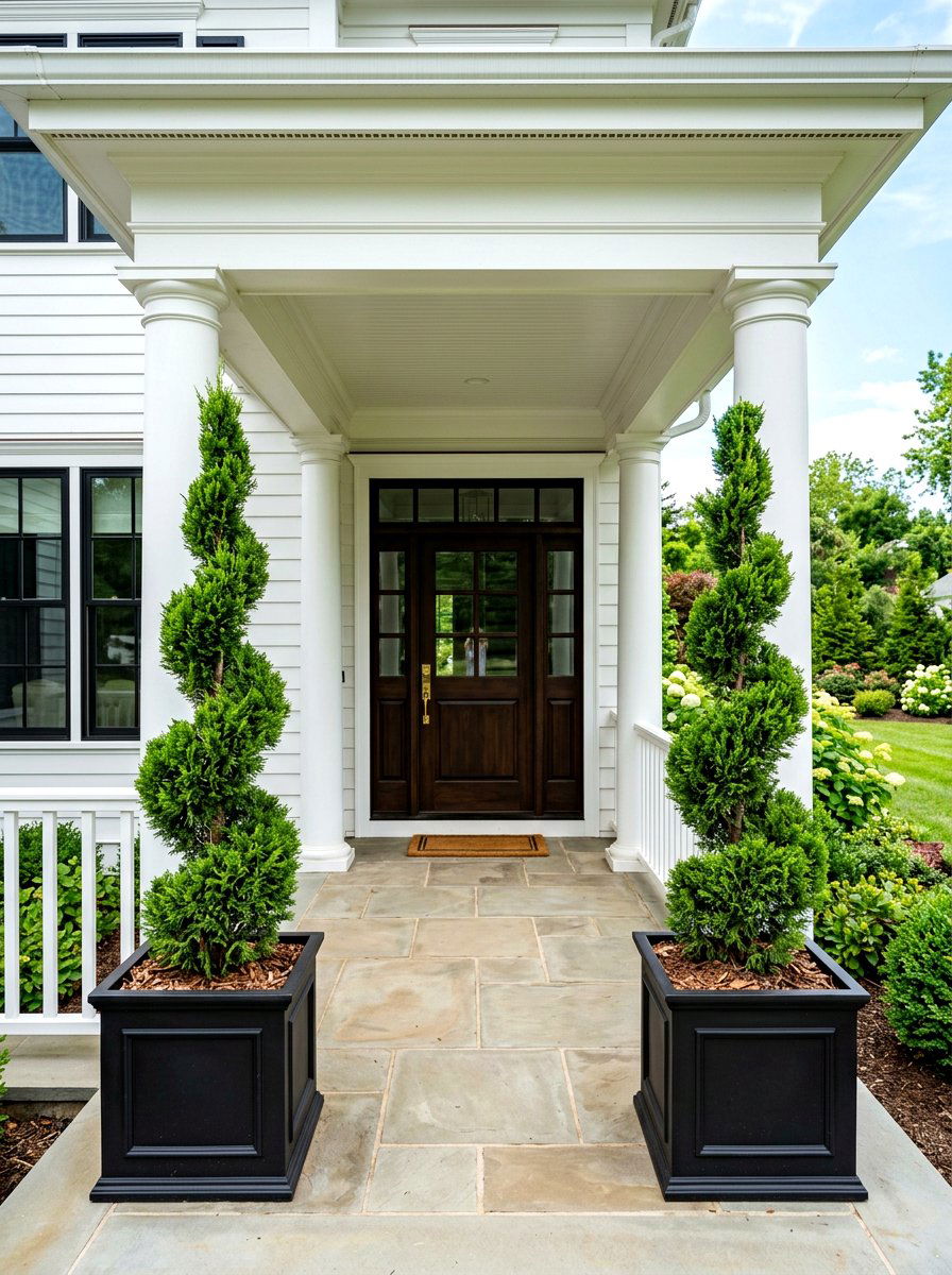 Potted topiary trees - 30 colonial front porch ideas