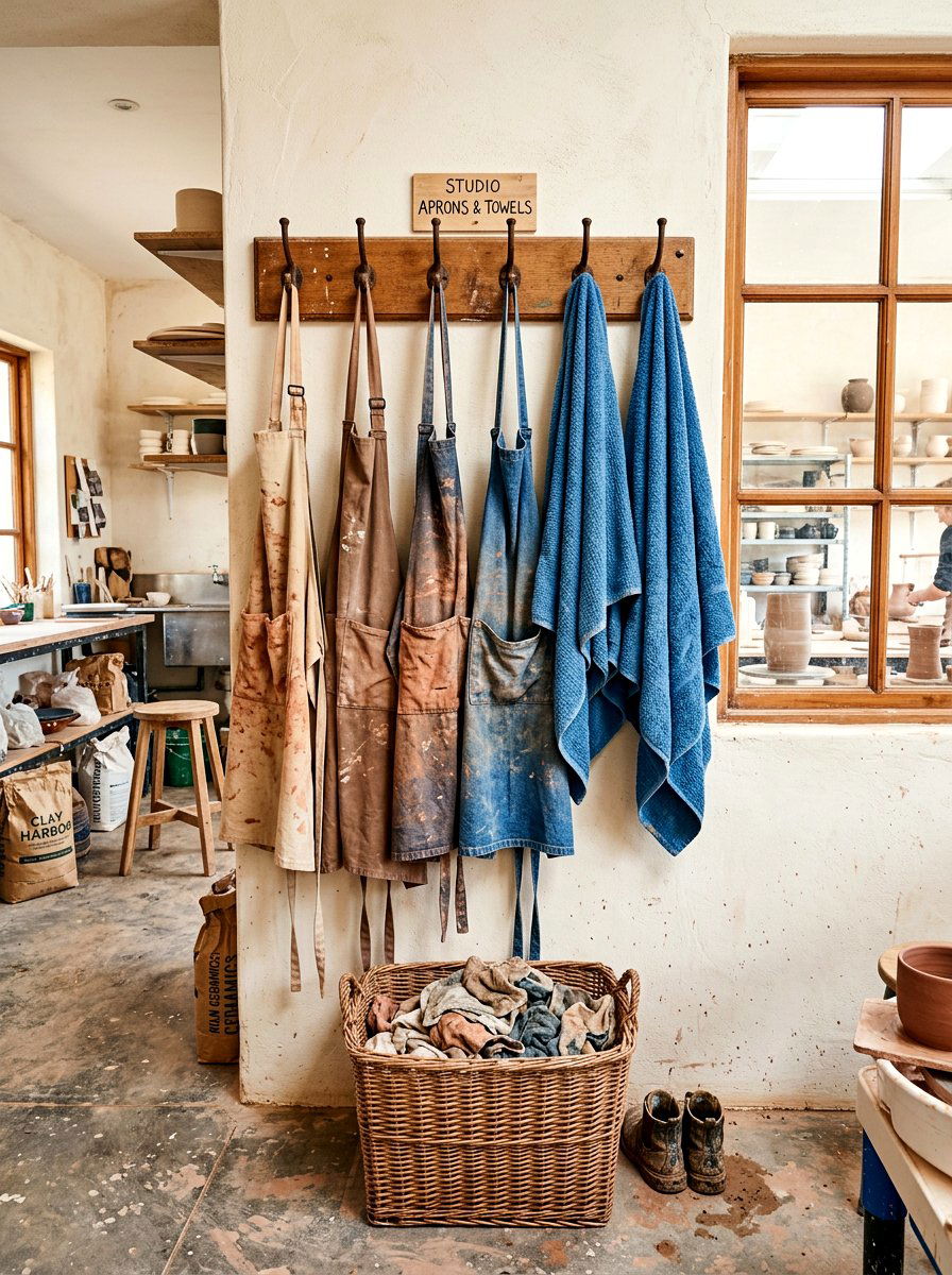 Pottery studio apron storage - 30 pottery room ideas