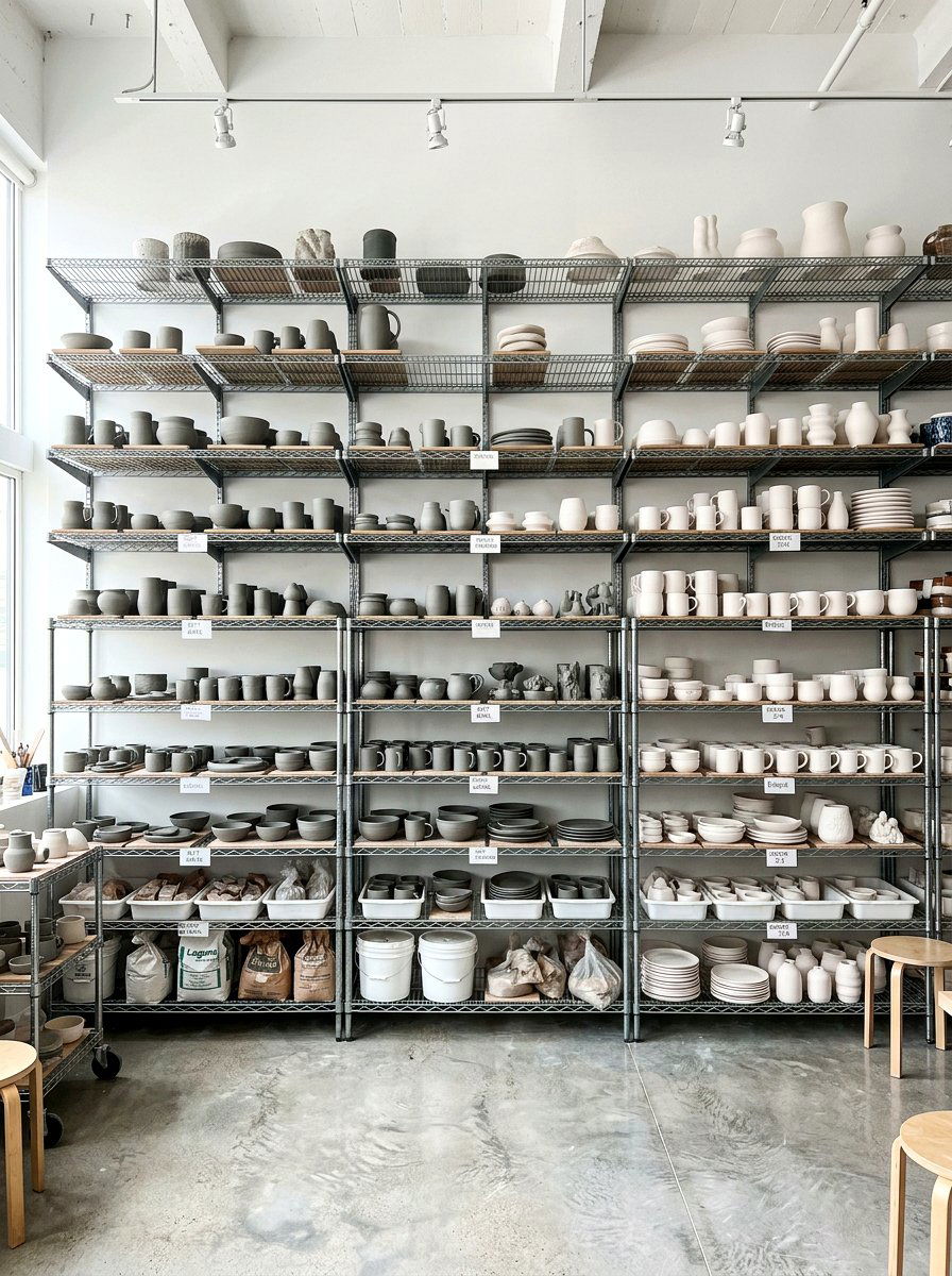 Pottery studio shelving - 30 pottery room ideas