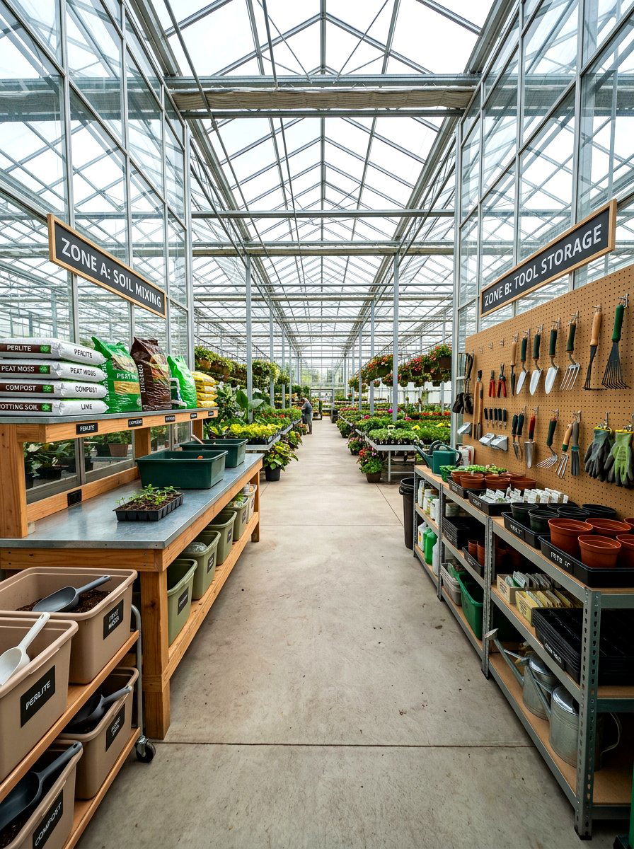 Potting Area Zoning - 30 greenhouse potting area ideas