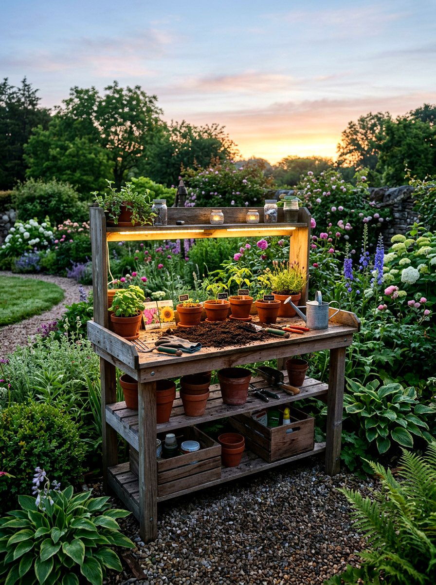 Potting Bench Lighting - 30 potting bench storage ideas