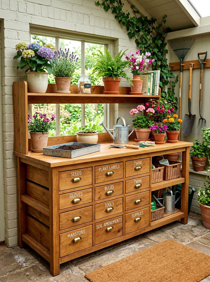 Potting Bench With Drawer Storage - 30 greenhouse storage bench ideas