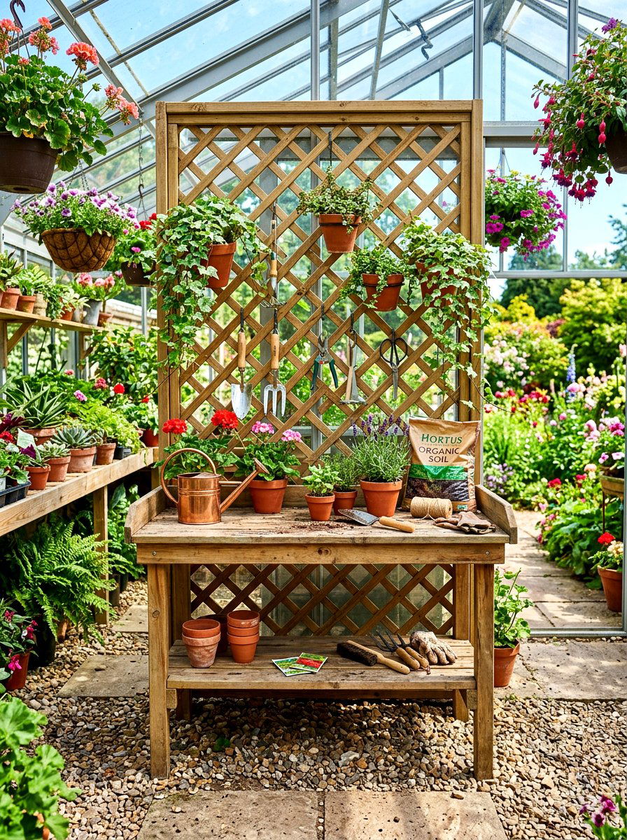 Potting Bench With Lattice - 30 greenhouse potting bench ideas