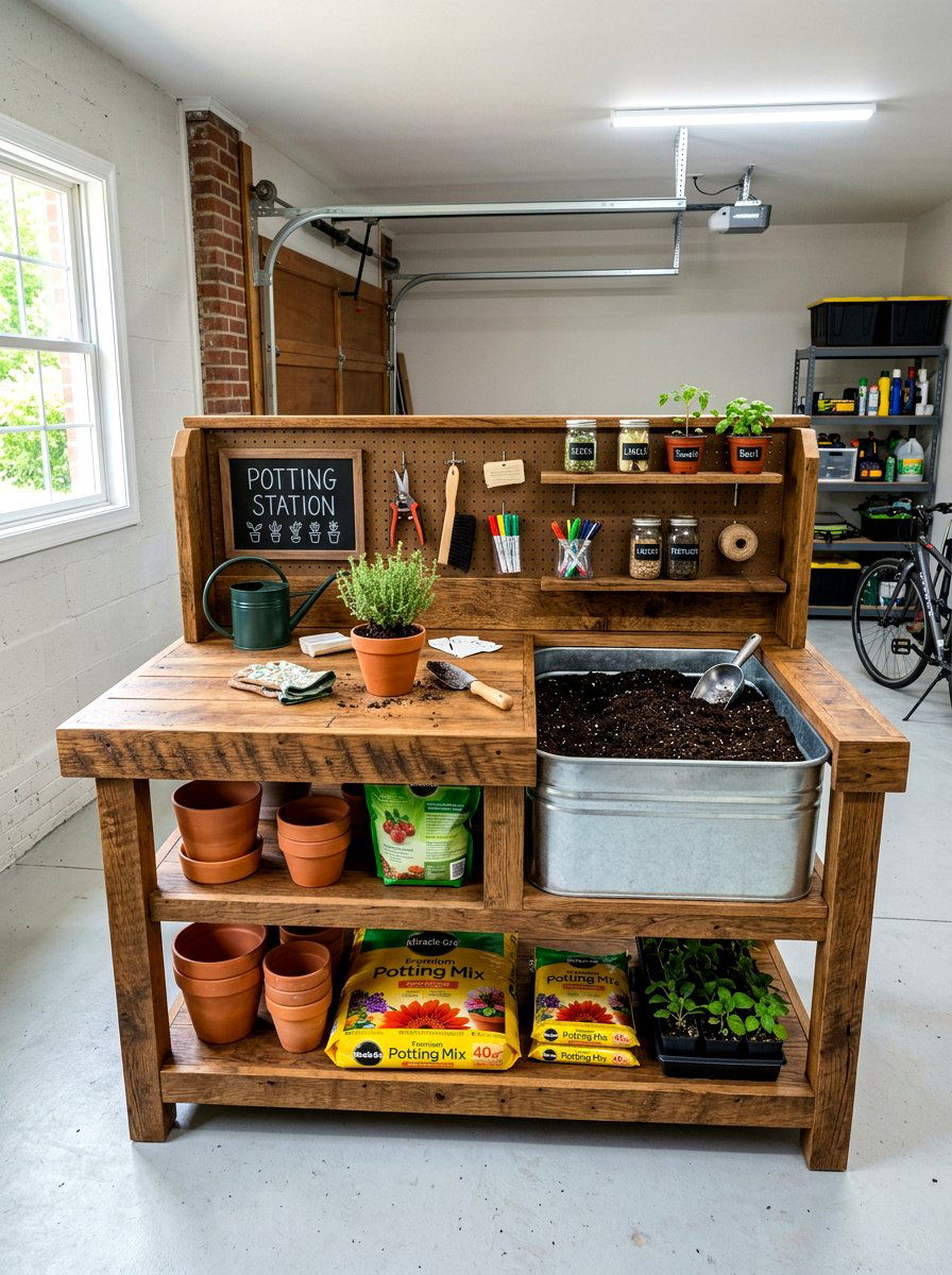 Potting Bench With Soil Bin - 30 garage gardening station ideas