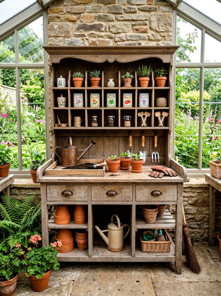 Potting Bench With Top Hutch - 30 greenhouse storage bench ideas