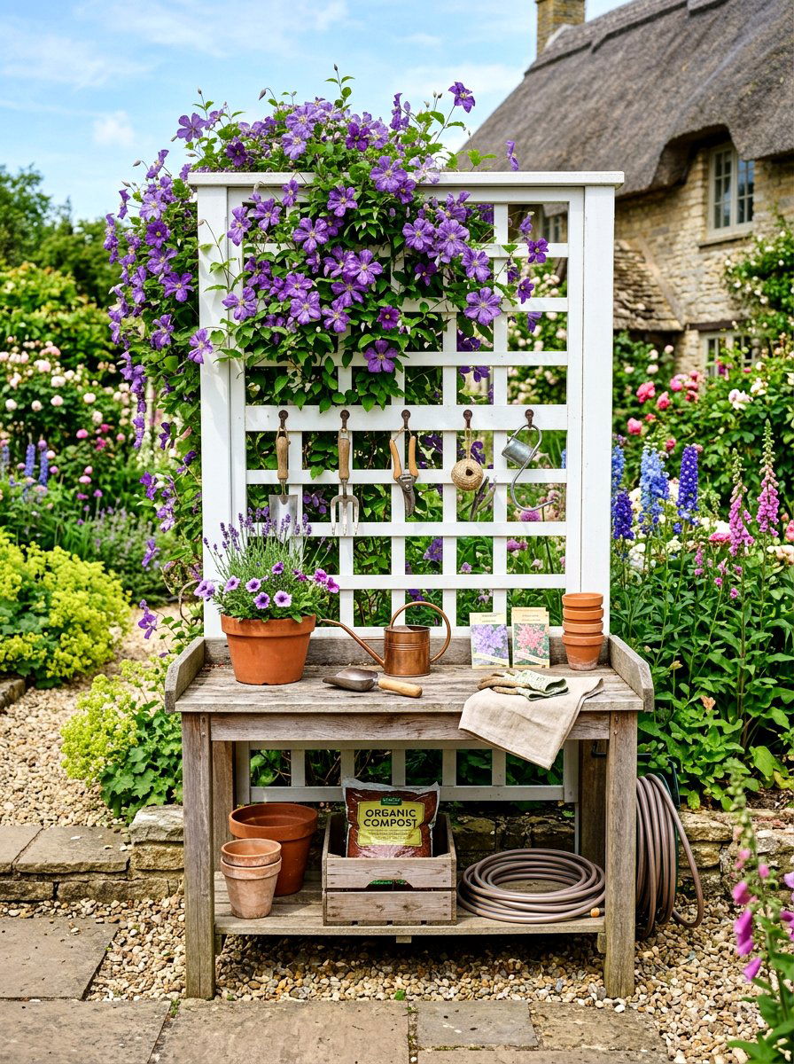 Potting Bench With Trellis Back - 30 garden workstation ideas